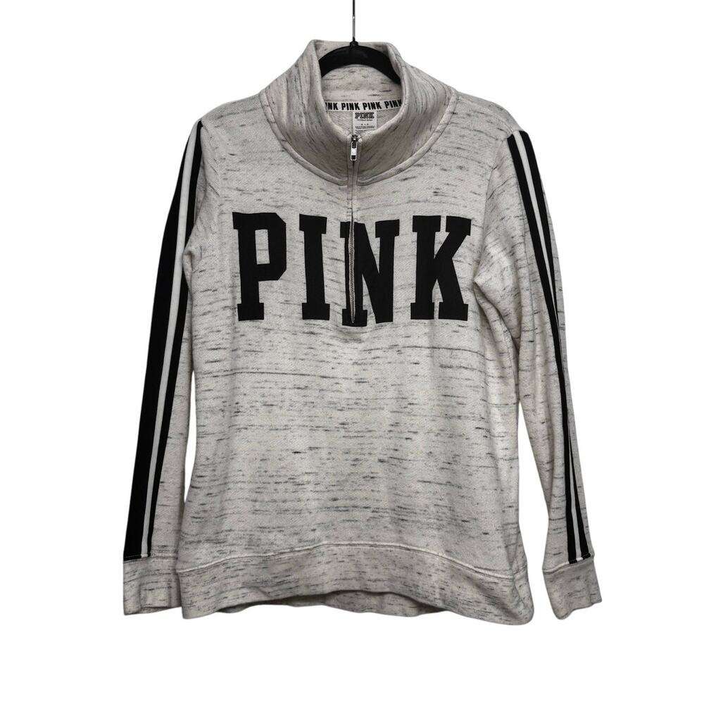 PINK Victoria’s Secret 1/4 Zip Pullover Sweatshirt Gray Black Stripes Sz‎ Small